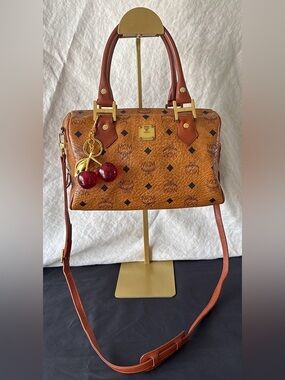 MCM Vintage Cognac Visetos Monogram Boston Bag with Cherry Charm Comes With COA